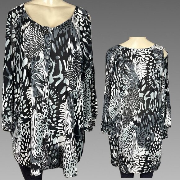 Roaman's Tops - Roaman's + 18W Black-White Floral Button Down Cold Shoulder 3/4 Sleeve Shirt